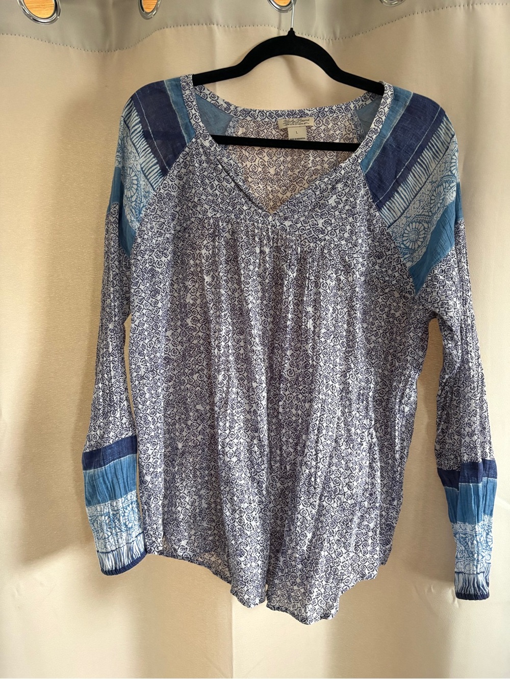 Lucky Brand Women's Blue Mixed Print Long Sleeve Peasant Boho Blouse Top Size L